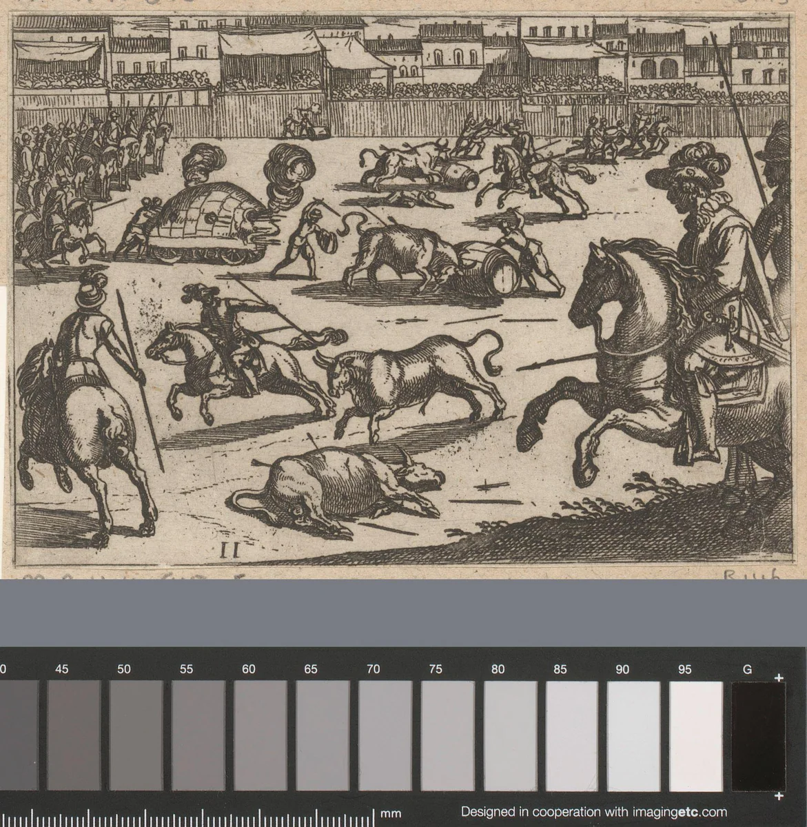 Jacht op stieren in een arena by Antonio Tempesta, print, 1598