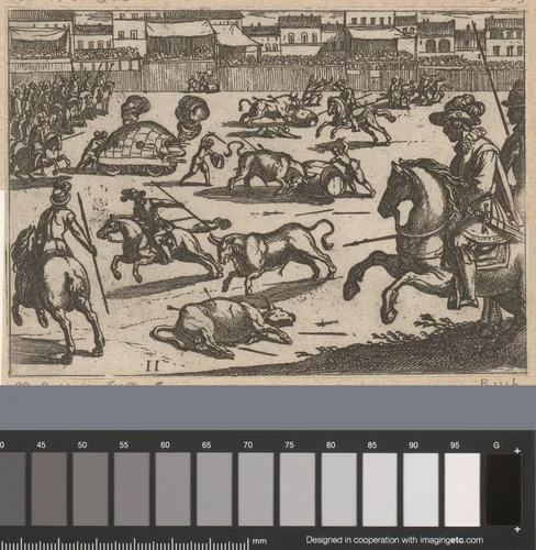 Jacht op stieren in een arena by Antonio Tempesta, print, 1598