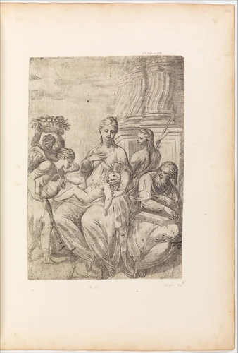 Holy Family with Saint John the Baptist and angels by Andrea Schiavone, print, 1510-1563