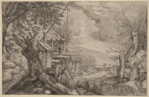 Landscape with Log House near a River by Jacques de Gheyn II, print, 1600-1699