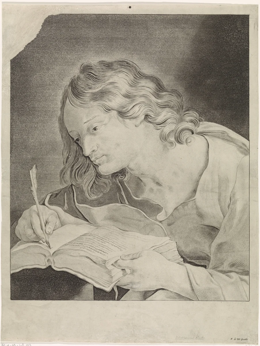 Johannes de Evangelist, schrijvend in een boek by Johannes Lutma, print, 1645-1706