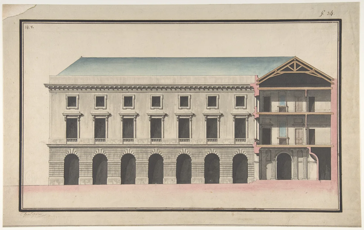 Design for the Collège de France, Paris: Elevation of the Wings of the Court with a Transverse Section through Main Front by Jean François Chalgrin, drawing, 1767-1777