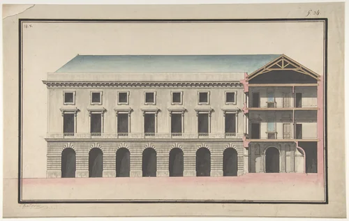 Design for the Collège de France, Paris: Elevation of the Wings of the Court with a Transverse Section through Main Front by Jean François Chalgrin, drawing, 1767-1777
