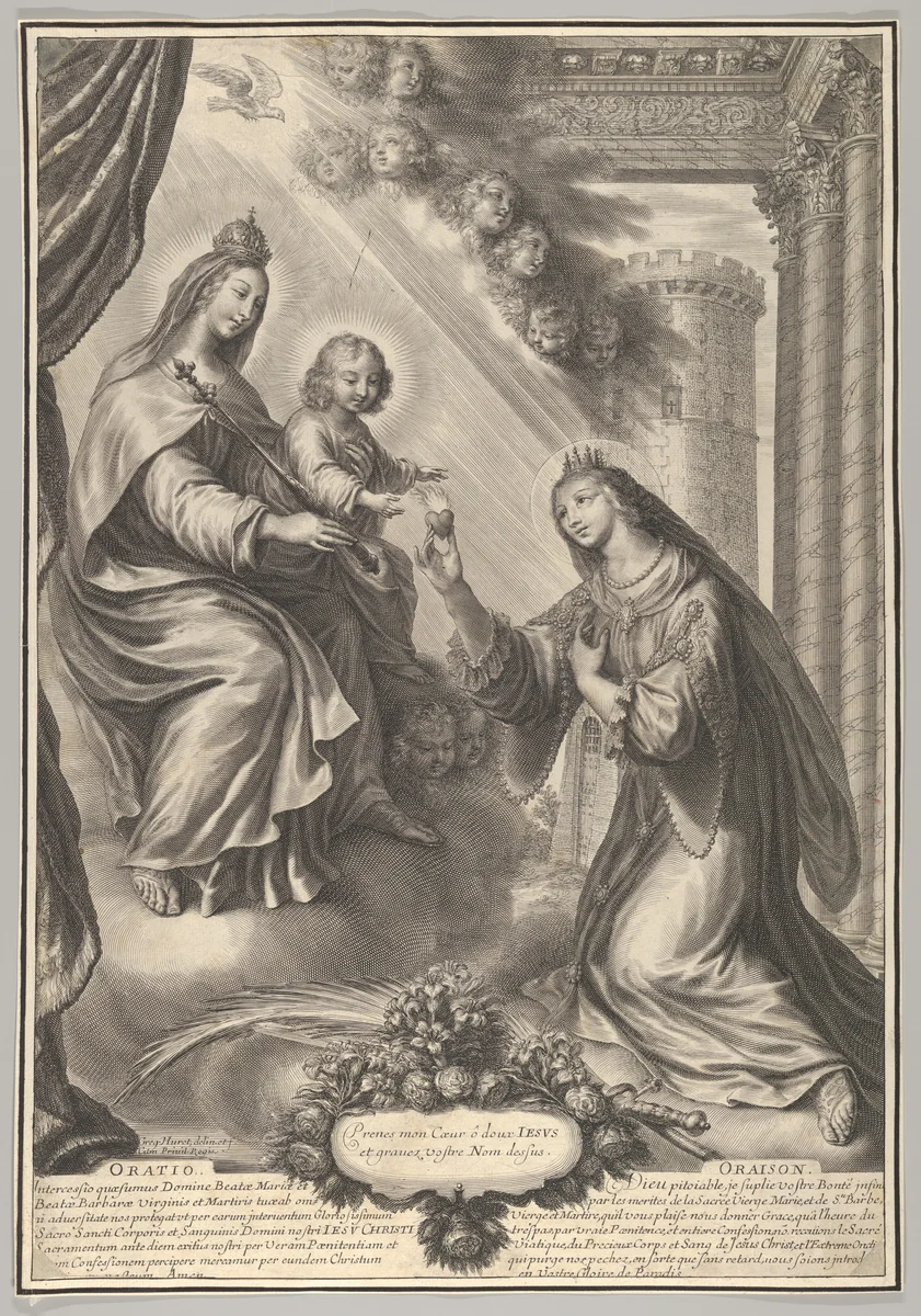 St. Barbara Before the Virgin and Child by Grégoire Huret, print, 1620-1670