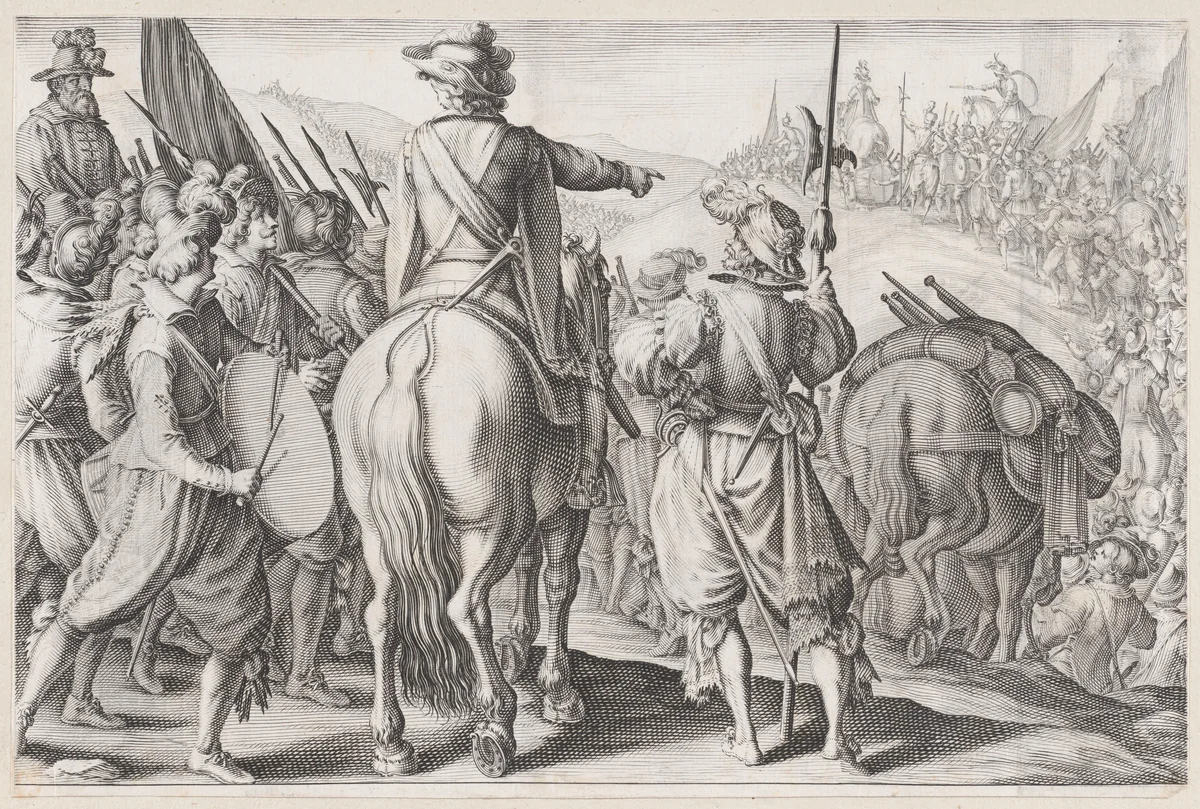 Les Troupes en Marche (The Marching Troops), from "La Vie de Ferdinand Ier de Médicis série appelée aussi Les Batailles des Médicis" (The Life of Ferdinand I de'Medici also called The Medici Battles) by Jacques Callot, print, 1614-1620