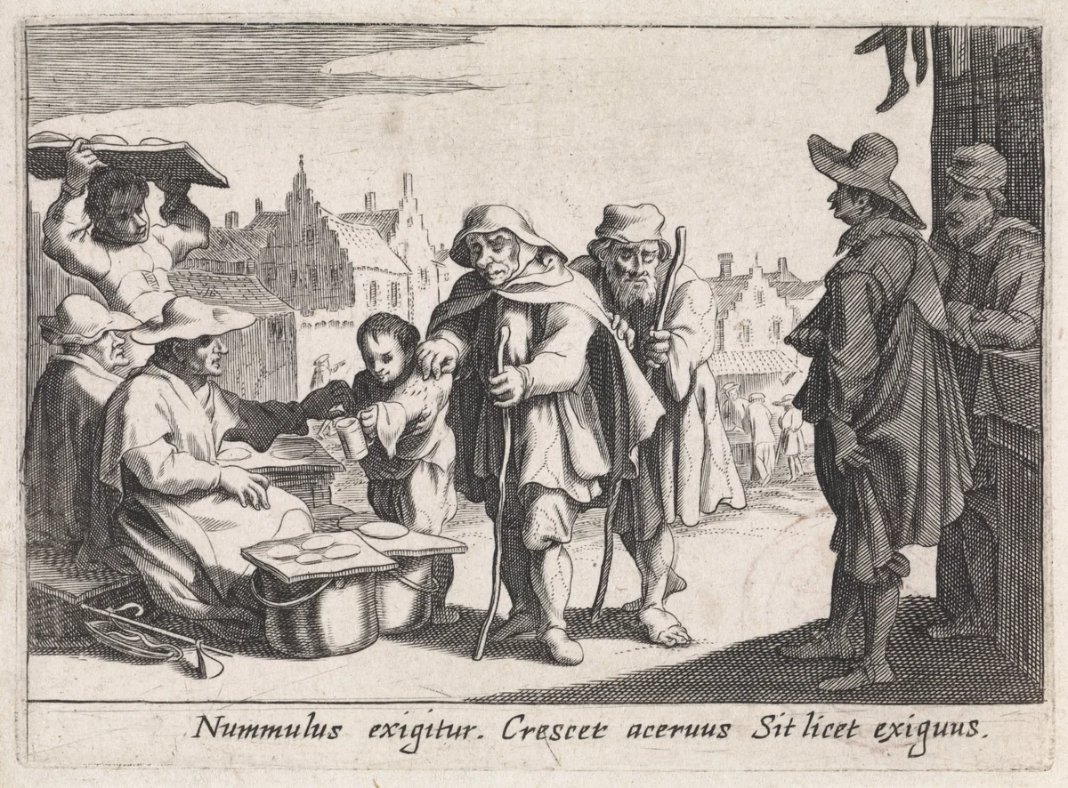 Bedelaars bij een marktkraam by anonymous, print, 1629