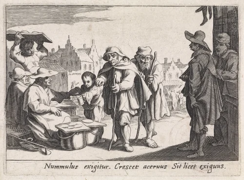 Bedelaars bij een marktkraam by anonymous, print, 1629