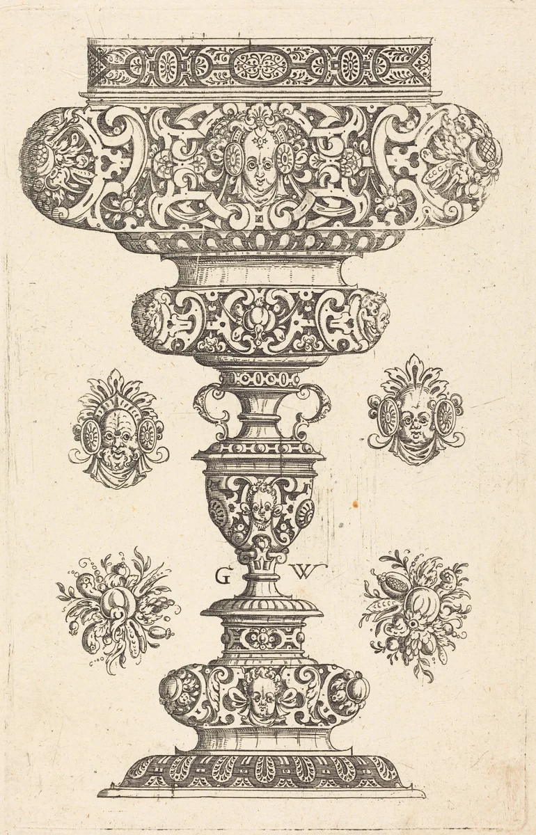 Goblet, rim decorated with masque and bouquet of fruit by Georg Wechter, print, 1579