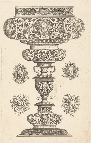 Goblet, rim decorated with masque and bouquet of fruit by Georg Wechter, print, 1579