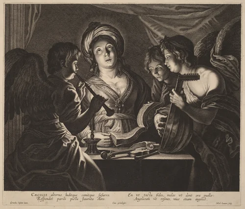 Saint Cecilia Accompanied by Heavenly Musicians by Nicolaes Lauwers; Gerard Seghers, print, 1600-1652