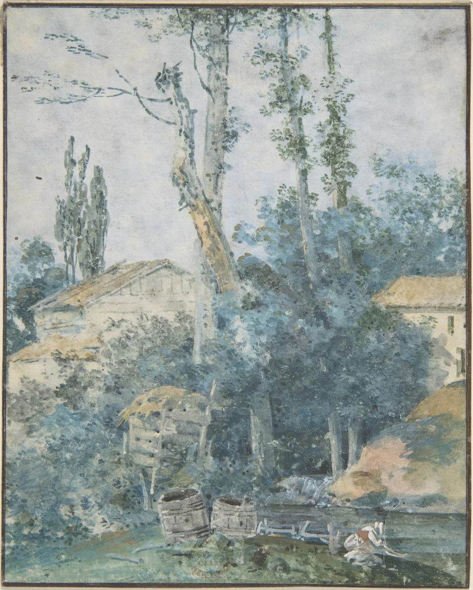 Rustic Scene – A Woman Washing Clothes in a Stream by anonymous, drawing, 1700-1799