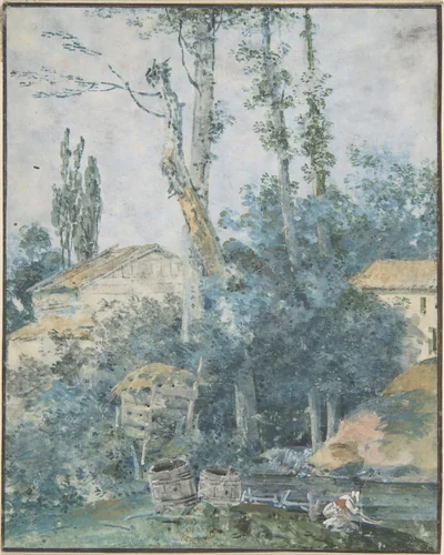 Rustic Scene – A Woman Washing Clothes in a Stream by anonymous, drawing, 1700-1799