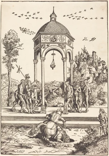 Marcus Curtius Plunging into the Chasm by Lucas Cranach, print, 1472-1553