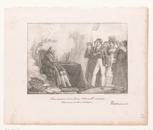 Voltaire zittend op een stoel pratend tegen een groep mensen by anonymous, print, 1821-1823