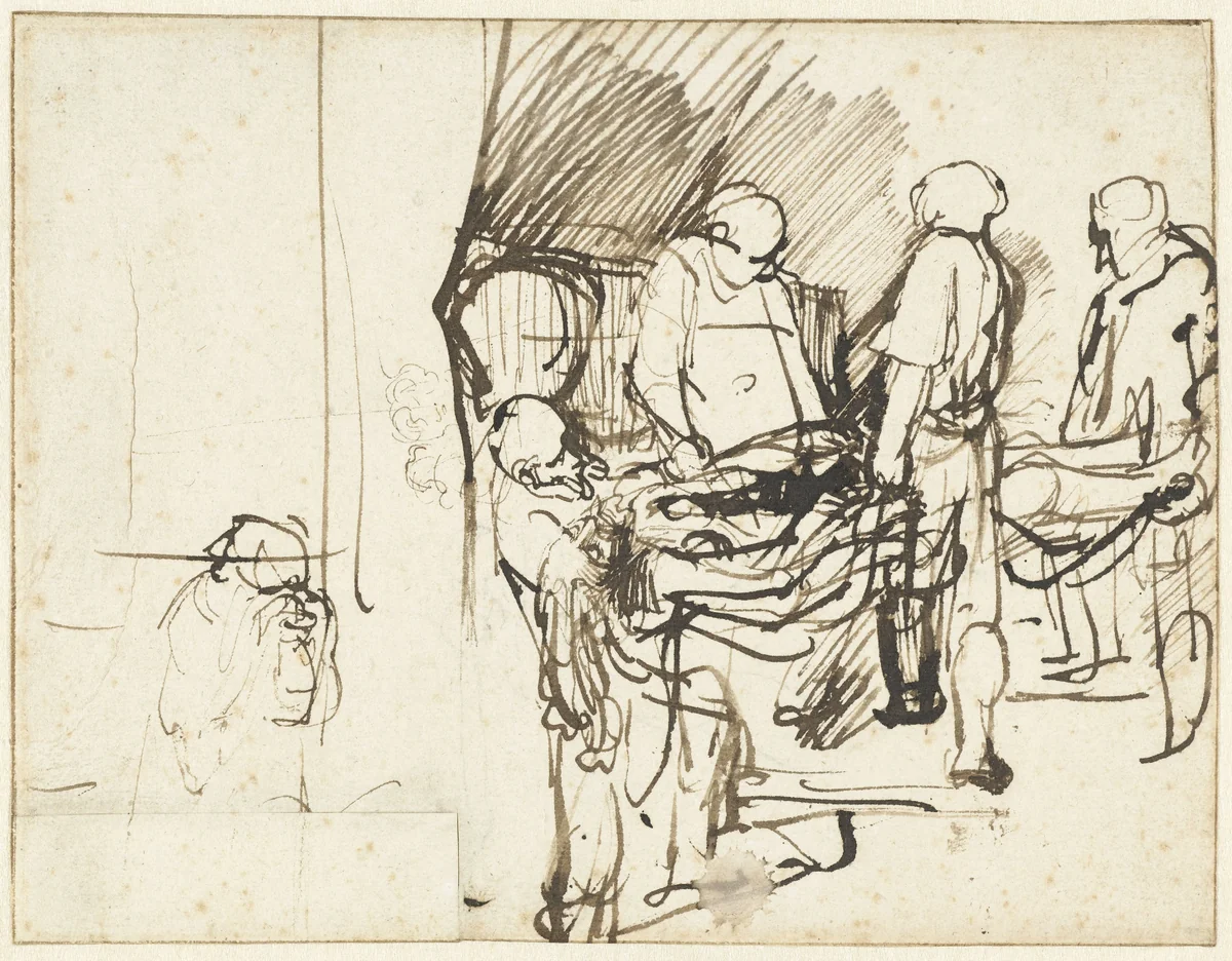 The Entombment, over a Sketch of an Executioner by Rembrandt van Rijn, drawing, 1640-1641