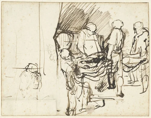 The Entombment, over a Sketch of an Executioner by Rembrandt van Rijn, drawing, 1640-1641