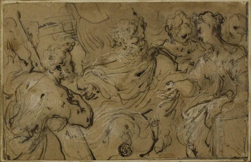 Esther before Ahasuerus or Solomon and Sheba with Cross from Wood of Adam's Tomb by Francesco Mazzola, drawing, 1590-1600