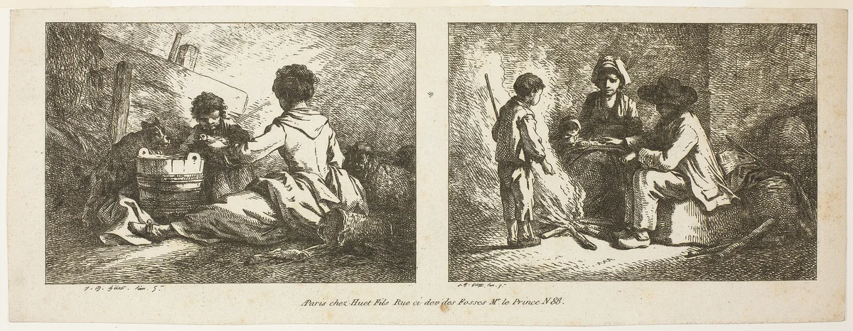 Children with a Dog and Sheep and Peasant Family by a Fire by Jean Baptiste Huet, print, 1765-1811