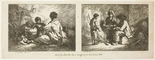 Children with a Dog and Sheep and Peasant Family by a Fire by Jean Baptiste Huet, print, 1765-1811