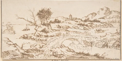 Landscape With Figures Crossing a Bridge by anonymous, drawing, 1600-1700
