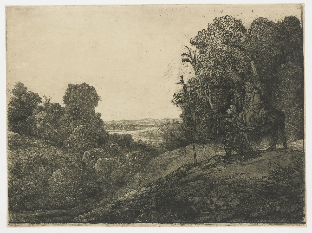 The Flight into Egypt, on a Plate by Segers by Rembrandt van Rijn, print, 1653