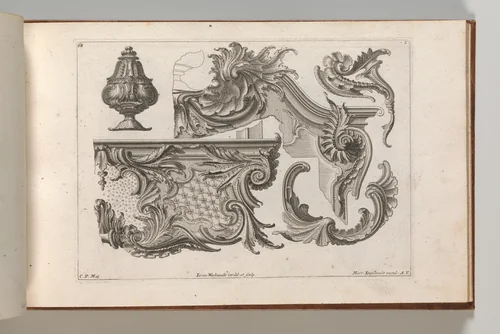 Suggestion for the Decoration of the Lower and Top Right of a Frame Combined with Several Additional Ornaments, Plate 2 from: 'Unterschidliche Auszierungen zu Thüren und Fenster, etc. etc. sehr nutzlich zu gebrauchen' by Jeremias Wachsmuth, book, 1745-1755