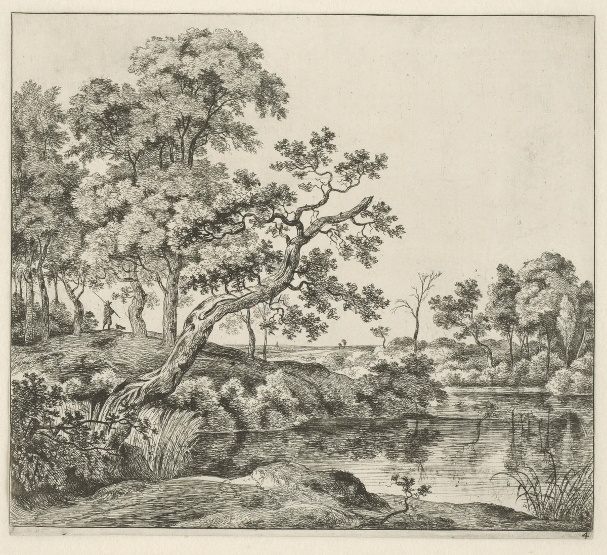 Landschap met een hangende boom aan het water by Jan Hackaert, print, 1640-1699