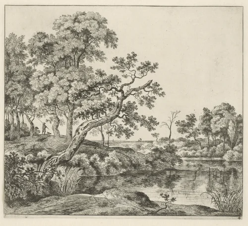 Landschap met een hangende boom aan het water by Jan Hackaert, print, 1640-1699