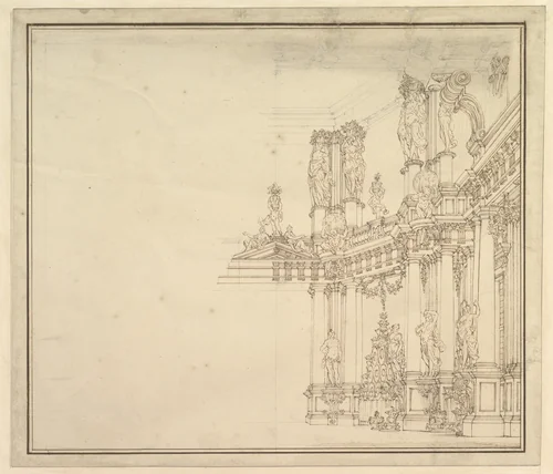Design for a Stage Set: Palace Hall with Columns and Statues by Giuseppe Galli Bibiena, drawing, 1696-1756