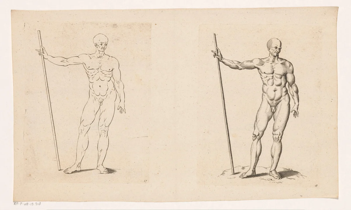 Staande naakte man met stok by anonymous, print, 1645-1706