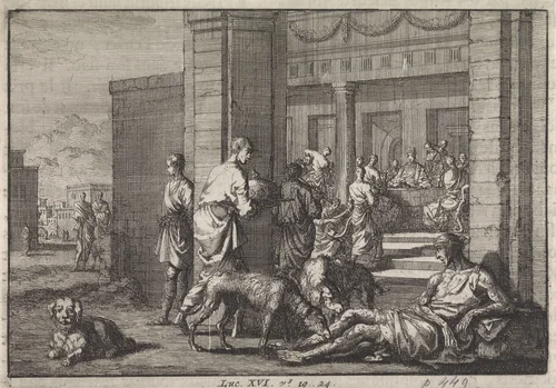 Lazarus bedelt aan de feestdis van de rijke man by Jan Luyken, print, 1703-1762