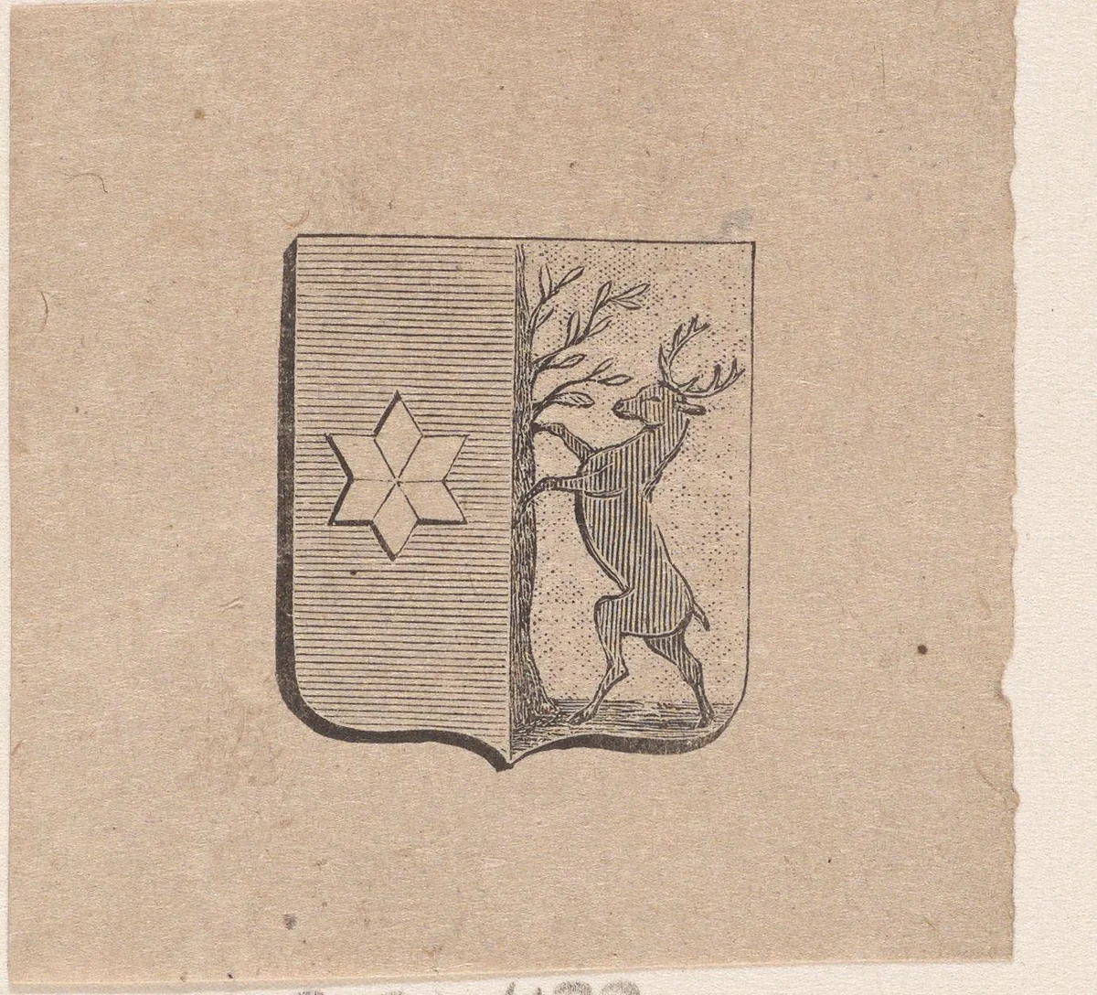 Vignet met een wapen met daarop een hert klimmend tegen een vlierboom by Isaac Weissenbruch, print, 1836-1912
