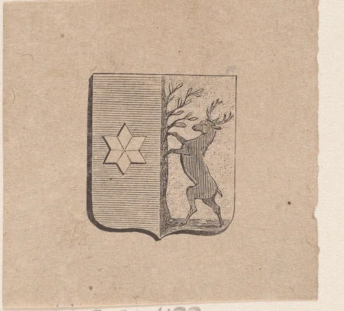 Vignet met een wapen met daarop een hert klimmend tegen een vlierboom by Isaac Weissenbruch, print, 1836-1912