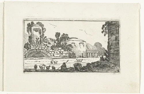 Landschap met ruïnes en herder met schapen by anonymous, print, 1610-1617