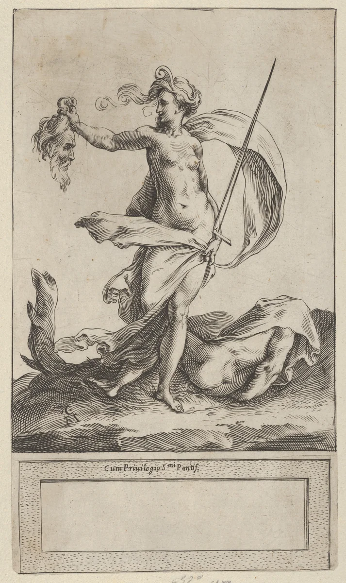 Judith with the Head of Holofernes, standing nude in a barren landscape by Cherubino Alberti, print, 1570-1615