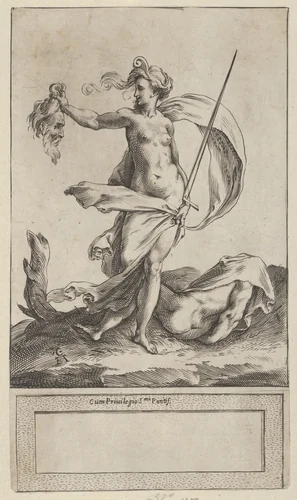 Judith with the Head of Holofernes, standing nude in a barren landscape by Cherubino Alberti, print, 1570-1615