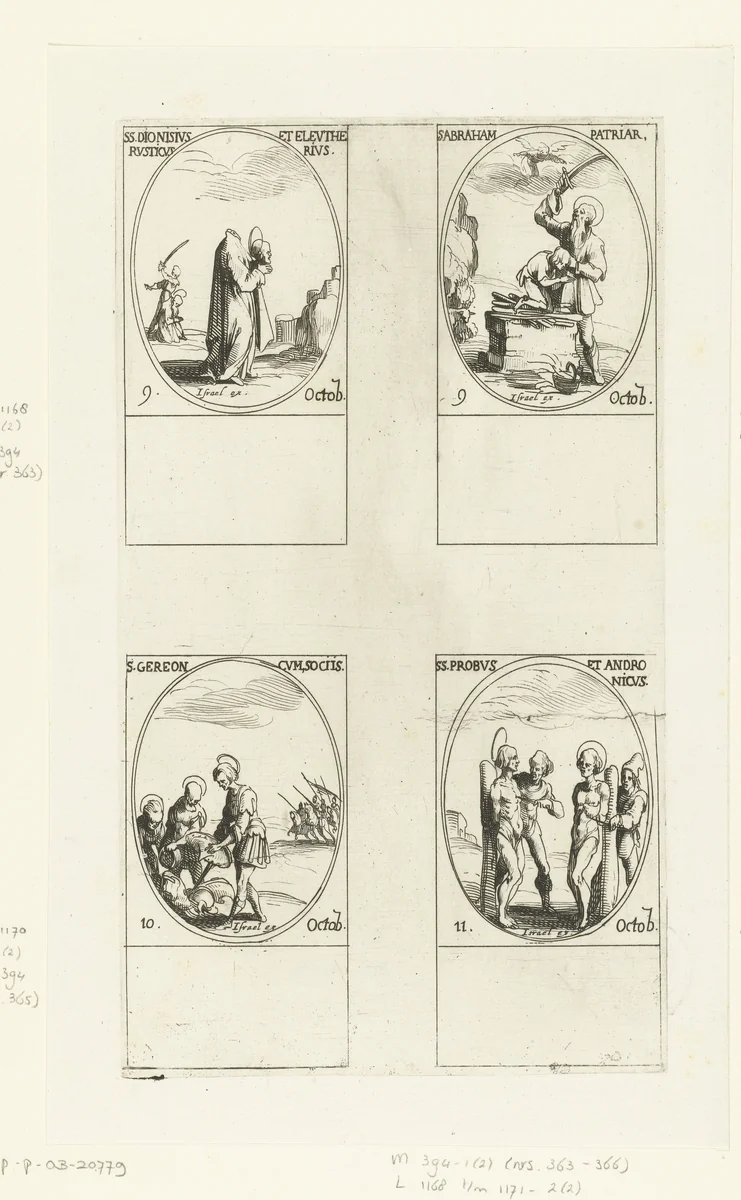 Heilige Dionysius van Parijs, Heilige Eleutherius en Heilige Rusticus, Heilige Abraham, Heilige Gereon van Keulen en gezellen, Heilige Probus en Heilige Andronicus (9-11 oktober) by Jacques Callot, print, 1632-1636