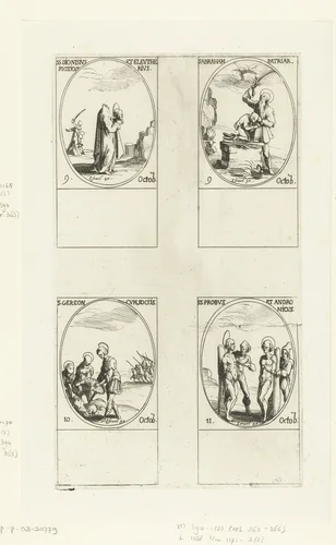 Heilige Dionysius van Parijs, Heilige Eleutherius en Heilige Rusticus, Heilige Abraham, Heilige Gereon van Keulen en gezellen, Heilige Probus en Heilige Andronicus (9-11 oktober) by Jacques Callot, print, 1632-1636