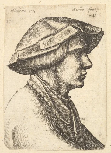 Head of young man wearing hat in profile to right by Wenceslaus Hollar, print, 1648