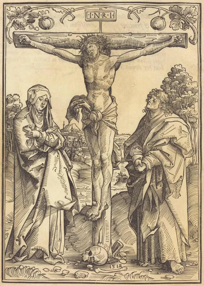 Christ on the Cross with the Virgin and Saint John the Evangelist by Wolf Traut, print, 1514