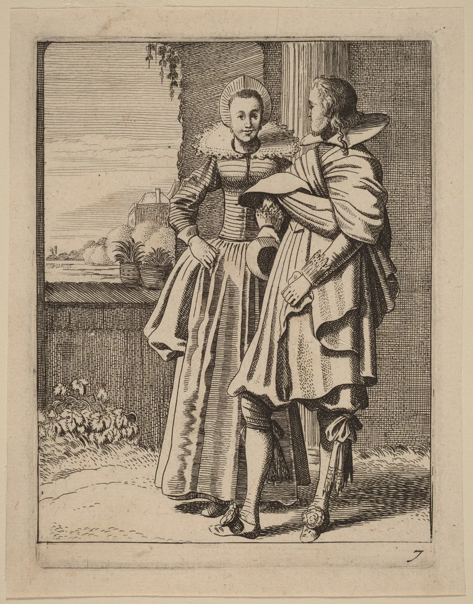 Two Figures in Costume by Jan van de Velde Claes Jansz Visscher, print, 1593-1641