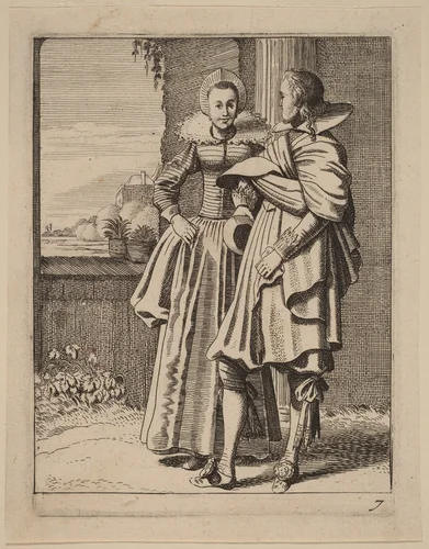 Two Figures in Costume by Jan van de Velde Claes Jansz Visscher, print, 1593-1641