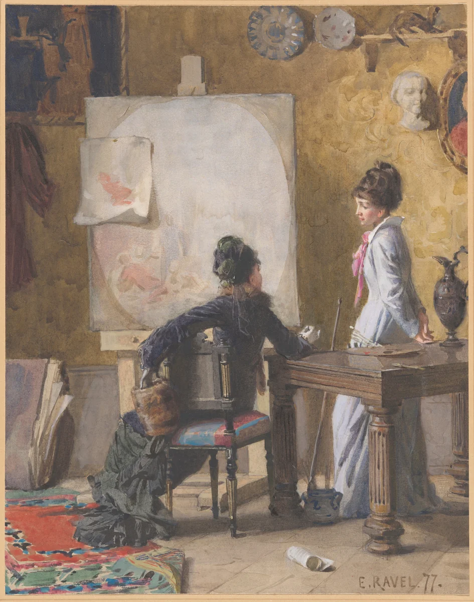 Adéle de Saussure and Marie-Louise Ravel, the Artist's Wife, in His Studio by Edouard Ravel, drawing, 1877
