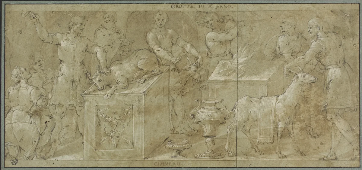 Aeneas and His Companions Preparing Animals for Sacrifice by Avanzino Nucci, drawing, 1571-1629