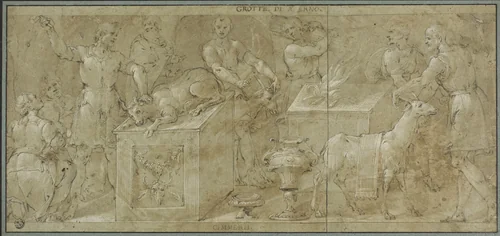 Aeneas and His Companions Preparing Animals for Sacrifice by Avanzino Nucci, drawing, 1571-1629