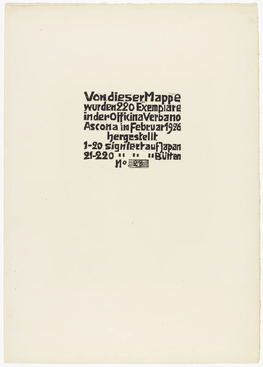Colophon (Kolophon) from 16 Woodcuts (16 Holzschnitte) by Walter Helbig, print, 1926
