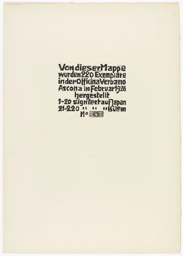 Colophon (Kolophon) from 16 Woodcuts (16 Holzschnitte) by Walter Helbig, print, 1926