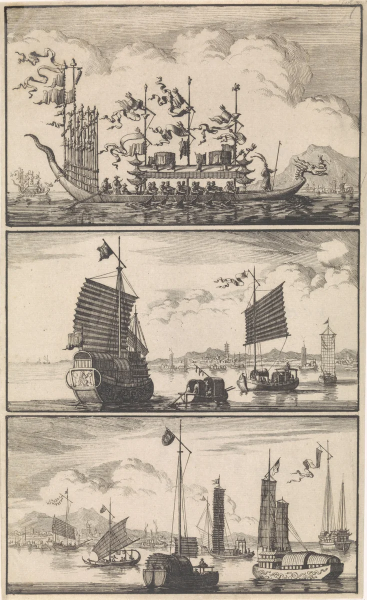 Verschillende Chinese vaartuigen by Jan Luyken, print, 1697