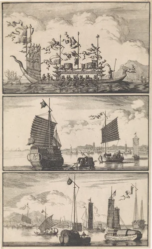 Verschillende Chinese vaartuigen by Jan Luyken, print, 1697