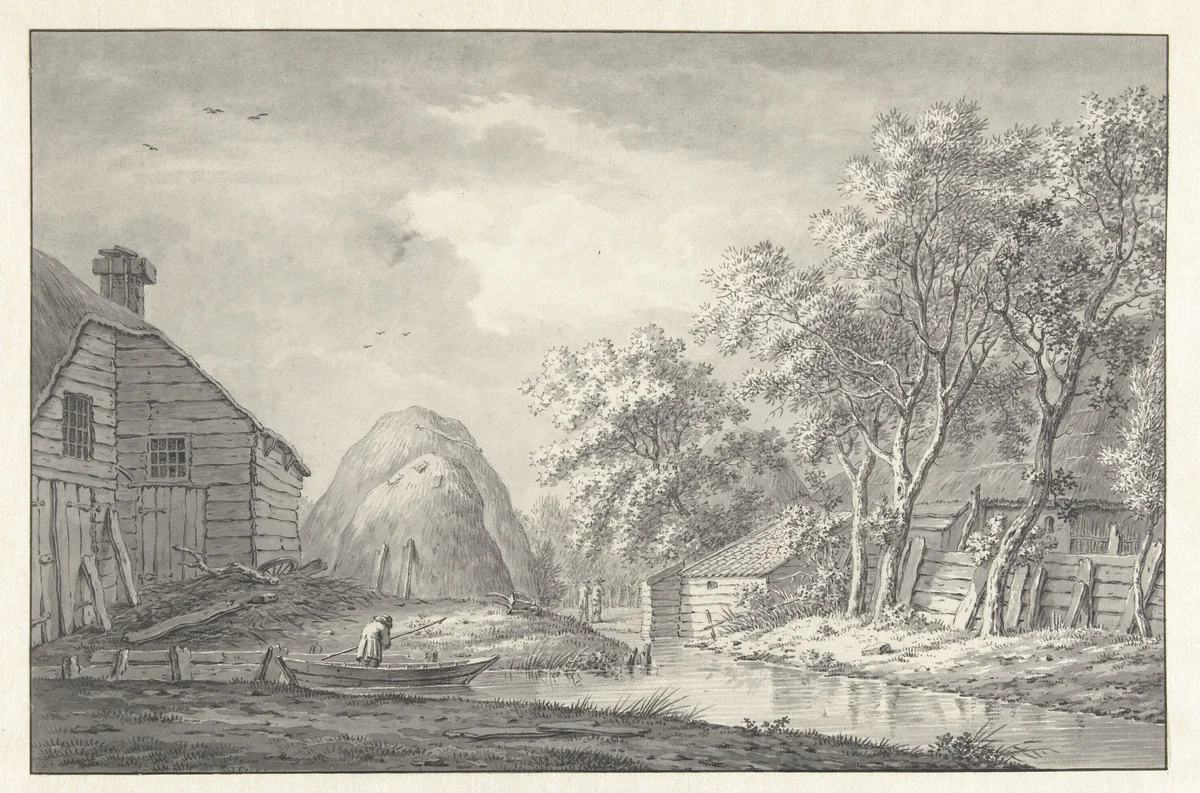 Gezicht aan een vaart met een hengelaar by Hermanus van Brussel, drawing, 1773-1815
